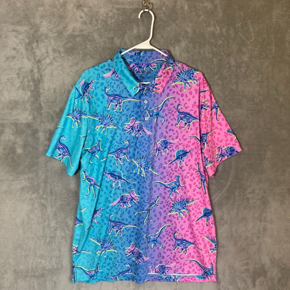 Chubbies Men's XL Blue Pink Dinosaur Hawaiian Shirt Short Sleeve Button Up